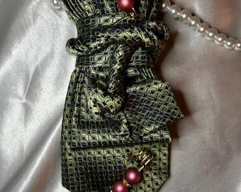 Green Silk Necktie Necklace – Upcycled Designer Tie with Pink Pearls