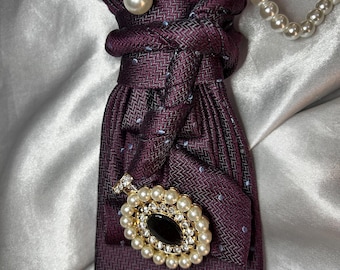 Purple Women’s Necktie Necklace with Pearl Perfume Bottle Brooch - Gift for Women