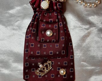 Red Ralph Lauren Necktie Necklace with Crown Rhinestone Brooch - Gift for Her
