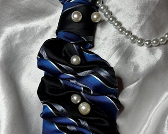 Blue Silk Striped Necktie Necklace with Pearls - Faux Pearl Necklace - Gift for Her
