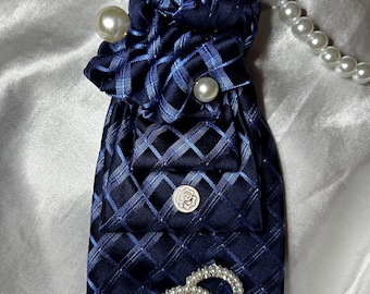 Blue Silk Necktie Necklace with Pearls – Upcycled Statement Jewelry - Gift for Her