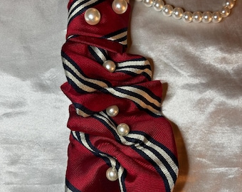 Red and Black Silk Women’s Handcrafted Necktie Necklace with Pearls - Gift for Her