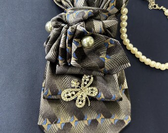 Gray Silk Handcrafted Women’s Necktie Necklace with Butterfly Brooch - Gift for Women