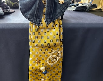 Yellow and Denim Handcrafted Women’s Bow Tie Necktie Necklace Combo - Gift for Women