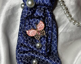 Blue Silk Handcrafted Women’s Necktie Necklace - Pink Butterfly Brooch and Pearls - Gift for Her