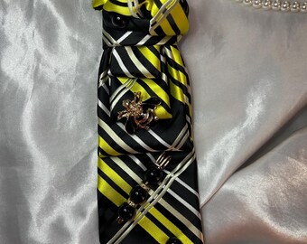 Upcycled Silk Necktie Necklace with Pearl Bee Brooch | Sustainable Statement Jewelry