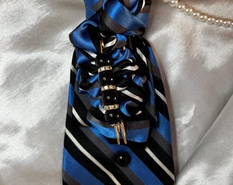 Blue Black and White Striped Silk Handcrafted Women’s Necktie Necklace - Gift for Her