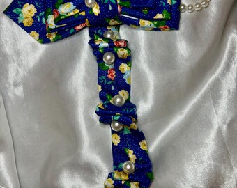 Floral Bow Tie Necklace with Pearls – Handcrafted Blue Fabric Accessory