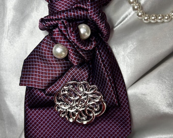 Purple Handcrafted Women’s Necktie Necklace with Silver Brooch - Gift for Women