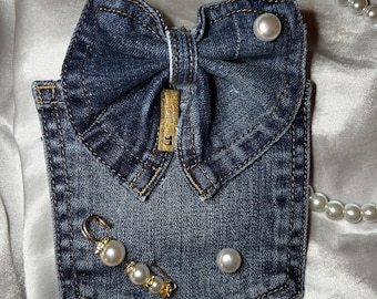 Blue Denim Women’s Handcrafted Pocket Necktie Necklace with Pearls - Gift for Her