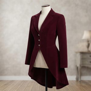 Womens Burgundy Regency Tailcoat Jacket Victorian Formal Coat Ladies Fitted High Low Evening Blazer Historical Vintage Jacket
