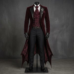 May include: A burgundy velvet tailcoat with black lapels and a patterned lining, paired with a matching burgundy patterned vest, a burgundy cravat, a silver-toned brooch, and black trousers. The tailcoat features a pointed, bat-wing hemline.