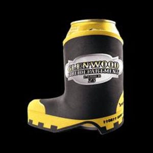 May include: A black and yellow can cooler in the shape of a firefighter's boot. The cooler features the text "GLENWOOD FIRE DEPARTMENT" and the number "23" on a silver emblem. The boot-shaped cooler is set against a black backdrop.