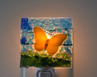 Yellow Butterfly Fused Glass Night Light