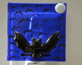 Flying Bat with Full Moon Fused Glass Night Light