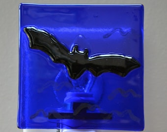 Bat in the Night Sky Fused Glass Night Light