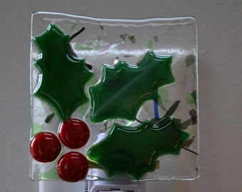 Holly Leaves and Berries Fused Glass Night Light