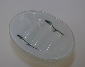 White Fused Glass Soap Dish with Irises