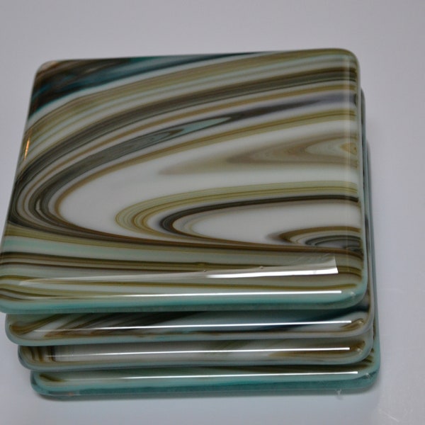 Chocolate Mint Swirl Pattern Fused Glass Coasters