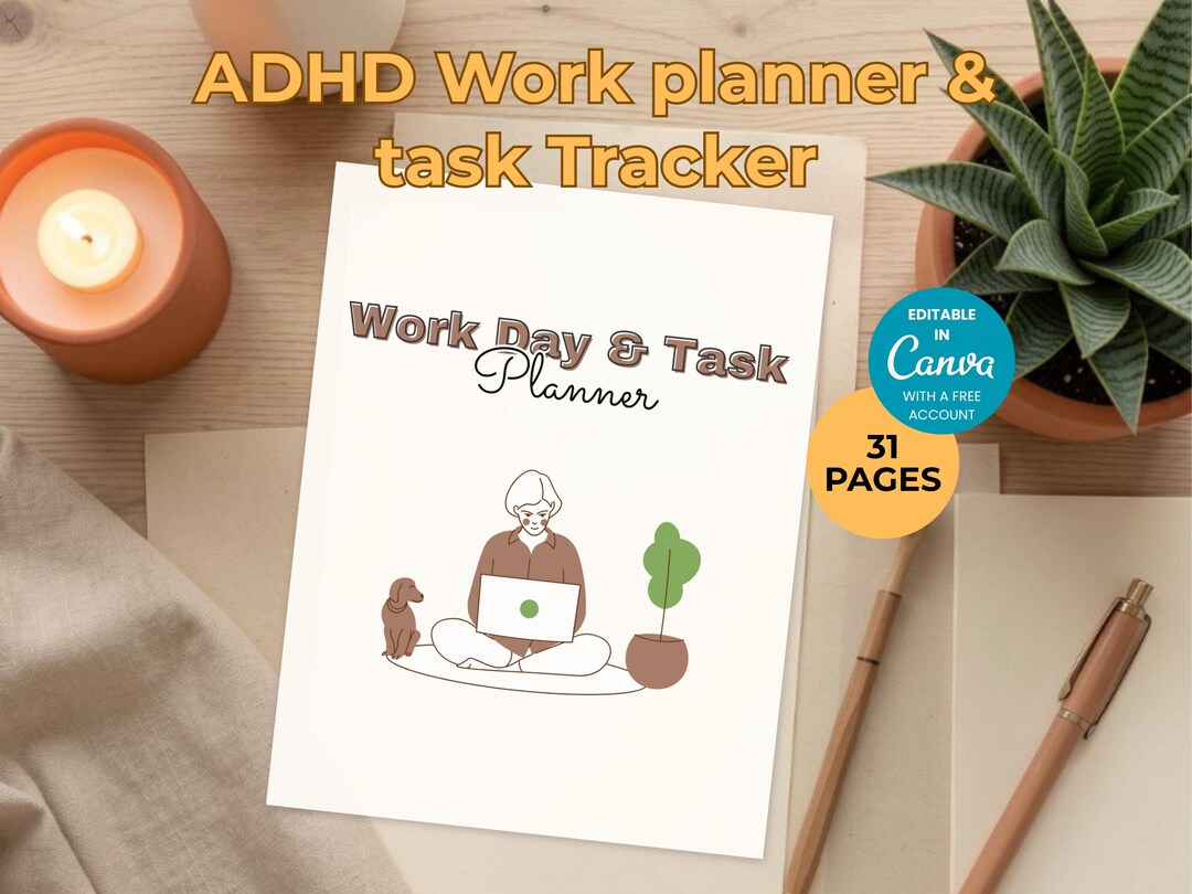 ADHD Work Planner | Daily Task Tracker | 31-page Canva Template ...