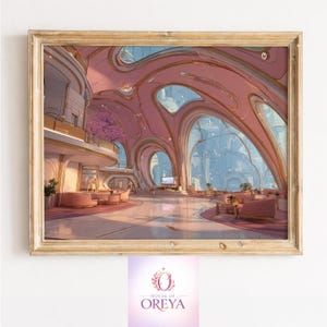 Könnte beinhalten: Ein gerahmter Druck eines futuristischen Innenraums mit rosa und goldenem Farbschema. Das Bild zeigt einen großen, offenen Raum mit geschwungenen Wänden, großen Fenstern und modernen Möbeln. Der Druck ist in einem goldfarbenen Holzrahmen gerahmt.