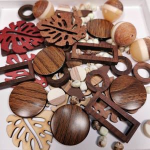 May include: A collection of wooden craft supplies, including various shapes like circles, rings, and leaf cutouts. The pieces are primarily dark brown with some accents of red and cream. Small, light-colored beads and decorative spheres are also present.