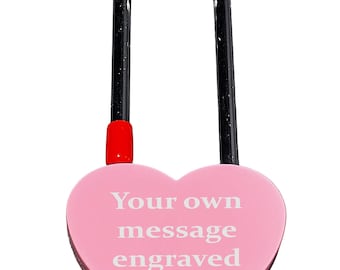 Engraved, Personalised Pink Heart Padlock with Long Shackle. Your own message. Engravable on both sides. Heart, Paris, London, New York