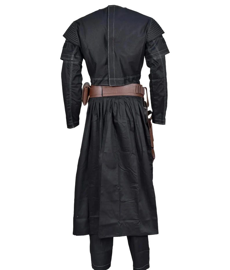 May include: A black long-sleeved jacket with white stitching details, paired with a matching black skirt and trousers. A brown leather belt with a holster and ammunition loops is worn around the waist, featuring a structured design and visible seams.