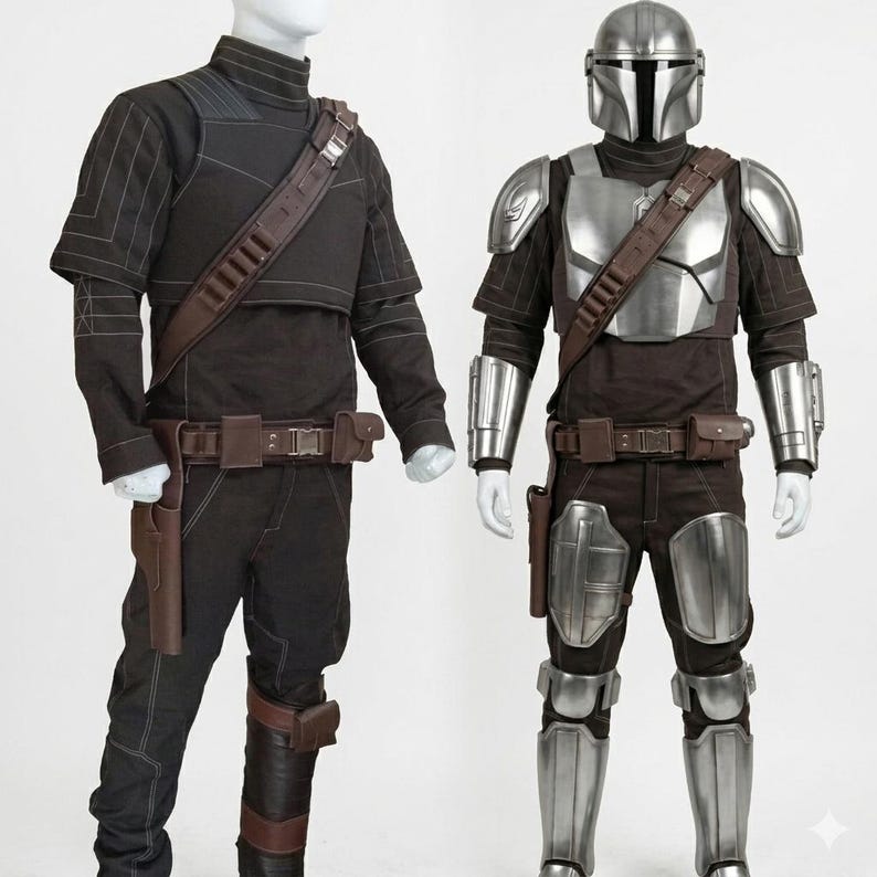 Op de afbeelding: Twee Mandalorian-kostuums op mannequins. E&eacute;n is een donkerbruine outfit met een bruine leren riem en holster. De andere is een zilveren en bruine Mandalorian-pantser set, inclusief helm, borstplaat en beenpantser, met een bruine leren riem en holster.