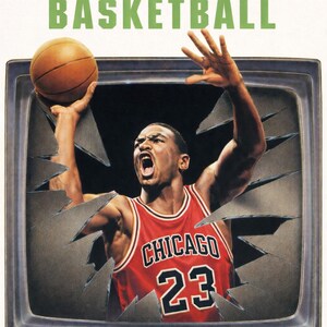 May include: An illustration of a basketball player in a red Chicago Bulls jersey with the number 23, breaking through a television screen. The words "CHICAGO BASKETBALL" are displayed above the image.