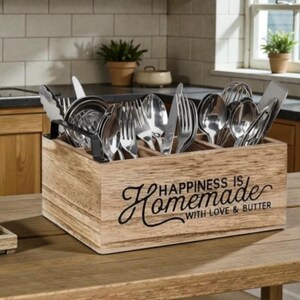 K&ouml;nnte beinhalten: Ein h&ouml;lzerner Besteckhalter gef&uuml;llt mit Besteck. Der Halter tr&auml;gt den Aufdruck "Happiness is Homemade with Love & Butter" auf der Vorderseite. Er steht auf einem Holztisch.