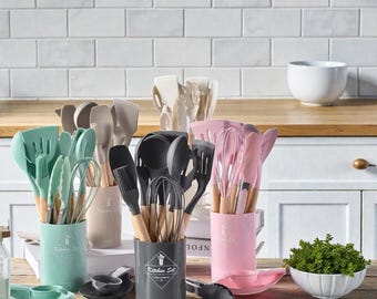 Benutzerdefinierte Silikon-Küchenwerkzeuge Antihaft-Kochgeschirr Holzgriff Handwerker Set