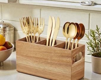 Besteckbox aus Nussbaumholz, handgefertigt, im Akazienstil, Utensilienbox, rustikale Aufbewahrung