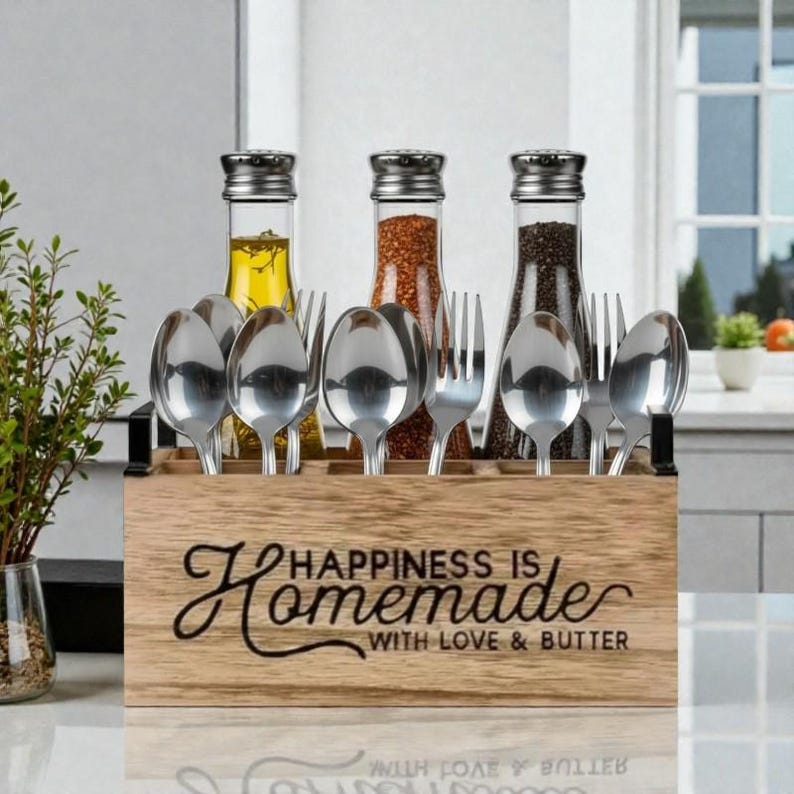 K&ouml;nnte beinhalten: Ein h&ouml;lzerner Utensilienhalter mit dem Text "Happiness is Homemade with Love & Butter". Der Halter enth&auml;lt Edelstahl-L&ouml;ffel und -Gabeln sowie drei Glasflaschen mit silbernen Deckeln. Die Flaschen enthalten &Ouml;l, Gew&uuml;rze und Pfeffer.