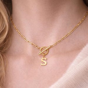 Gold or Silver Initial Necklace A-Z, Toggle Clasp Letter Necklace, Personalized Alphabet Pendant Jewelry for Women Gift