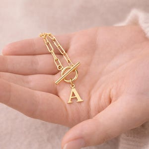 Initial Necklace Gift for Her, Gold or Silver Letter Necklace with Toggle Clasp, Personalized Alphabet Jewelry Birthday Gift