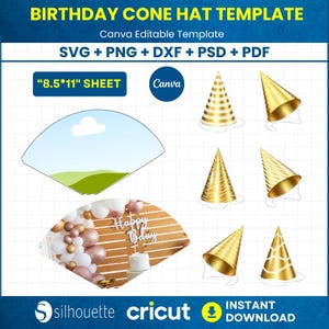 以下が含まれることがあります： 誕生日コーンハットのデジタルテンプレート。画像には、ストライプ模様の金色のコーンハットのデザインがいくつかあります。テンプレートには、SVG、PNG、DXF、PSD、およびPDF形式が含まれています。テキストには「Birthday Cone Hat Template」と「8.5*11」SHEET」が含まれています。