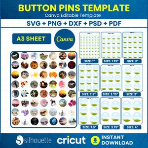 Plantillas editables de pins de botón (Canva y SVG), 13 tamaños (descarga digital)