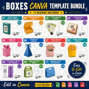 May include: A digital bundle of 11 Canva templates for various boxes, including playing card, rectangular, clack hand fan, pizza, candy, pyramid, flower envelope, french fry, tumbler, gable, and pillow boxes, with drag and drop editing features.