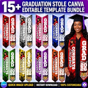 Può includere: Un pacchetto di oltre 15 modelli di stole per la laurea. Le stole presentano il testo "GRAD", "Congratulazioni Elizabeth" e "Classe 2026". Le stole sono disponibili in vari colori, tra cui rosso, nero, rosa, blu, verde, giallo, viola e arancione.