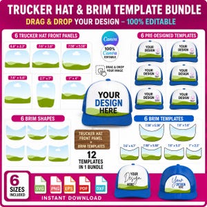 May include: A digital template bundle for trucker hats and brims, featuring various design options. Includes 6 front panels, 6 brim shapes, and 6 pre-designed templates. The text "YOUR DESIGN HERE" is displayed on a blue and white hat. Includes SVG, PNG, EPS, PDF, and DXF files.
