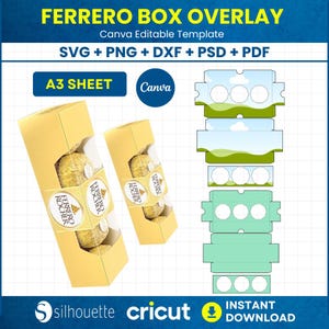 May include: A digital template for a Ferrero Rocher box overlay, featuring two boxes with the candy visible through clear windows. The design includes the text "Ferrero Box Overlay" and "Canva Editable Template". The template is compatible with SVG, PNG, DXF, PSD, and PDF formats.