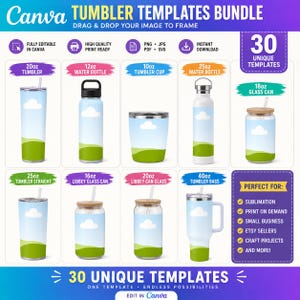 May include: A digital bundle of 30 Canva tumbler templates featuring a blue sky and green hill graphic. The image displays various drinkware styles including 20oz tumblers, 12oz and 25oz water bottles, 10oz cups, 18oz and 16oz glass cans, and 40oz mugs.