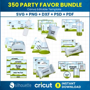 May include: A digital party favor bundle with various templates, including water bottle labels, chip bags, gable boxes, cone hats, chocolate wrappers, and ring pop wrappers. The design elements are green and white, with text that says "Design Here".