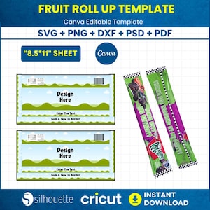 May include: A template for fruit roll-ups with the text "FRUIT ROLL UP TEMPLATE" and "Canva Editable Template". The design includes two rectangular templates with space for text and a landscape design. Two fruit roll-up packages are also shown.