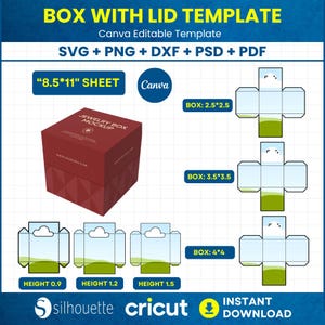May include: A template for a box with a lid, featuring a red jewelry box mockup. The image includes various box sizes and cutting templates, with dimensions like 2.5x2.5 inches, 3.5x3.5 inches, and 4x4 inches. The design is compatible with Canva, Silhouette, and Cricut.