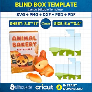 May include: A template for a blind box with the text "BLIND BOX TEMPLATE" and "ANIMAL BAKERY MINI FIGURE". The template includes a box design, a panda and fox figurine, and the text "SHEET: 8.5"*11" SIZE: 5.6"*3.4"". The image also includes the Silhouette and Cricut logos.