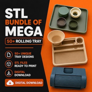 May include: A digital product listing for an STL bundle of 50+ rolling tray designs. The image displays three physical tray examples: a green rectangular tray with small containers, a tan tray with compartments, and a blue lidded storage unit.
