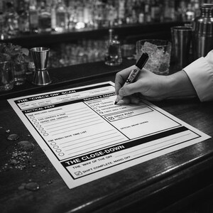 Op de afbeelding: Zwart-wit afbeelding van een checklist in een bar. De checklist bevat secties voor "Check On Scan", "Tactical Prep" en "Close-Down". Een hand houdt een zwarte marker vast en vinkt vakjes aan op het formulier.