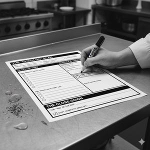 以下が含まれることがあります： 「The Check On Scan」というタイトルのチェックリストの白黒画像。戦術的な準備、サービス、および終了タスクのセクションがあります。黒いマーカーを持った手がチェックリストに書き込んでいます。チェックリストはステンレス鋼の表面にあります。